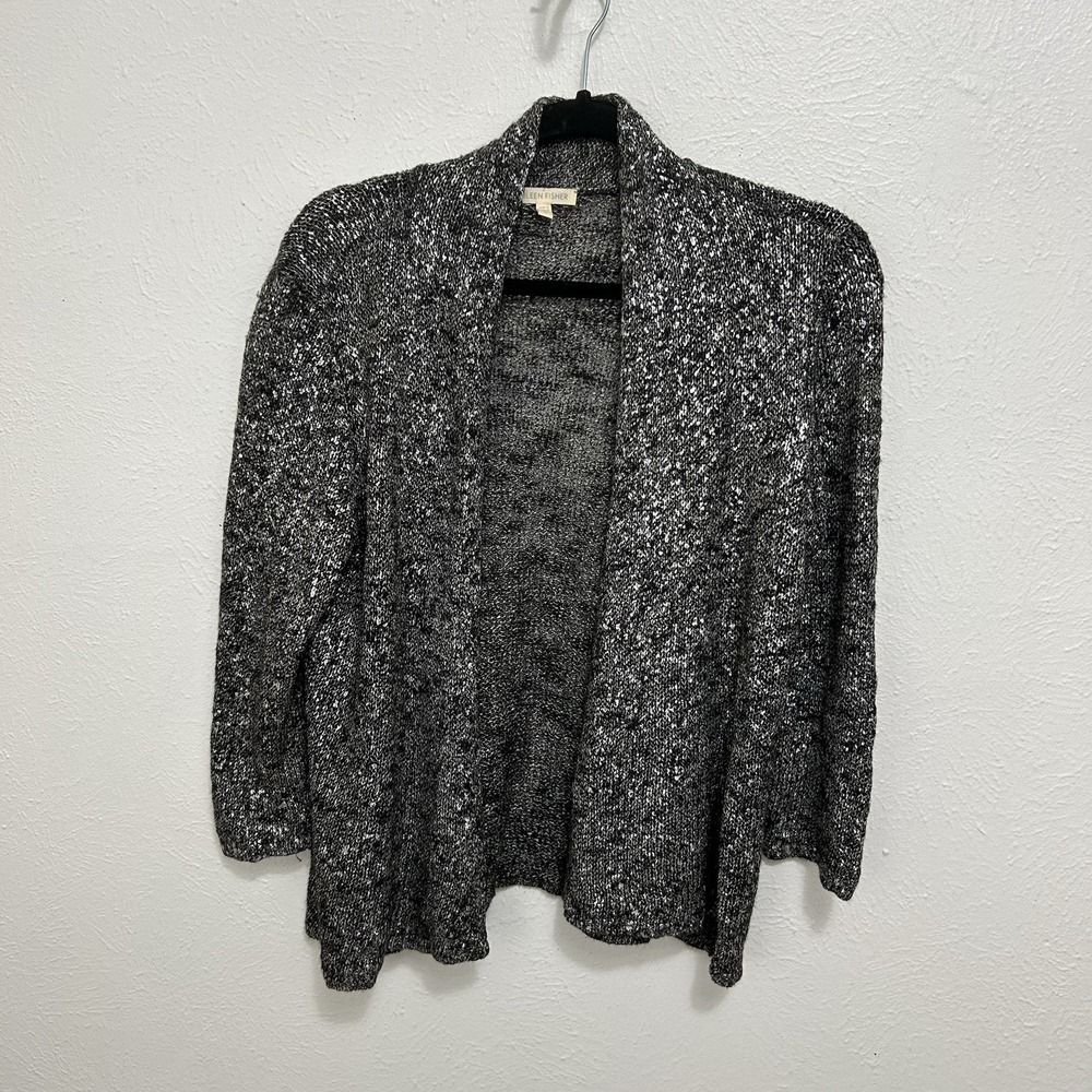 Eileen Fisher Open Front Metallic Silver Gray Marled Cardigan Linen Blend Size M